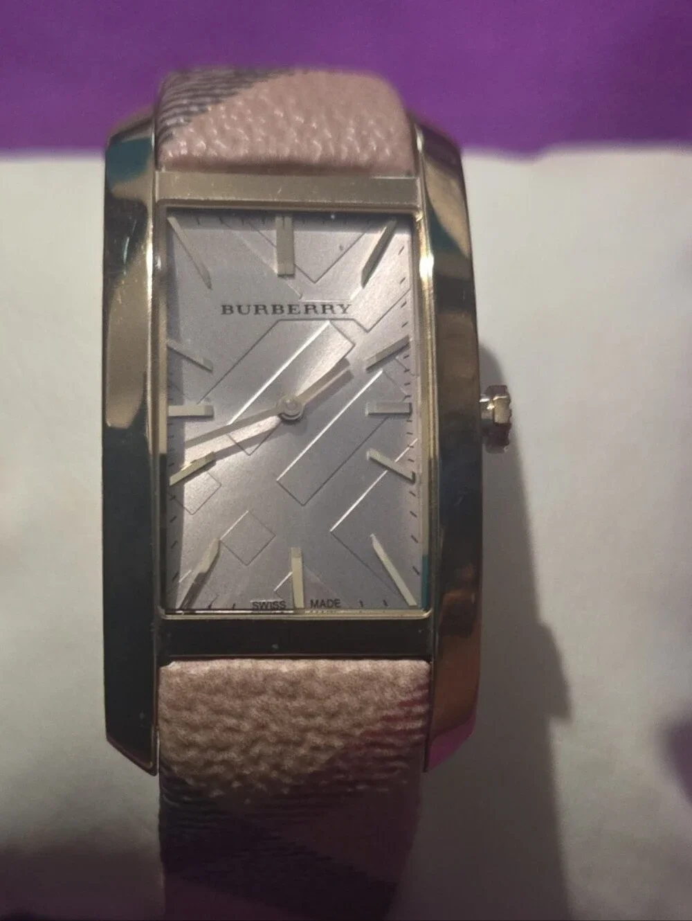 Burberry Beige/Pink Leather Strap Rectangular Silver Dial Watch